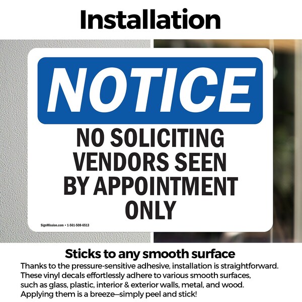 Signmission No Soliciting Vendors Seen By Appointment Only OSHA Notice Sign, Vinyl Decal, 7in W x 5in L, 2PK - OS-2PACK-NS-D-57-L-14841