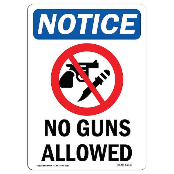 Signmission OSHA Notice Sign, No Guns Allowed With Symbol, 14in X 10in Decal, 10" W, 14" L, Portrait - OS-NS-D-1014-V-14640