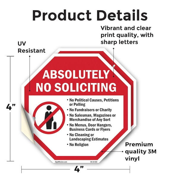 Signmission Absolutely No Soliciting No Politi, 4 inch X 4 inch, Vinyl Decal, 2PK - OC-D-2PACK-4-18