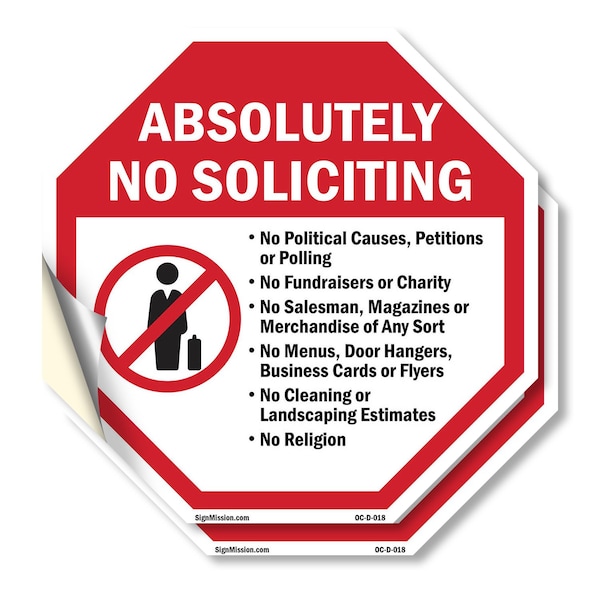 Signmission Absolutely No Soliciting No Politi, 4 inch X 4 inch, Vinyl Decal, 2PK - OC-D-2PACK-4-18