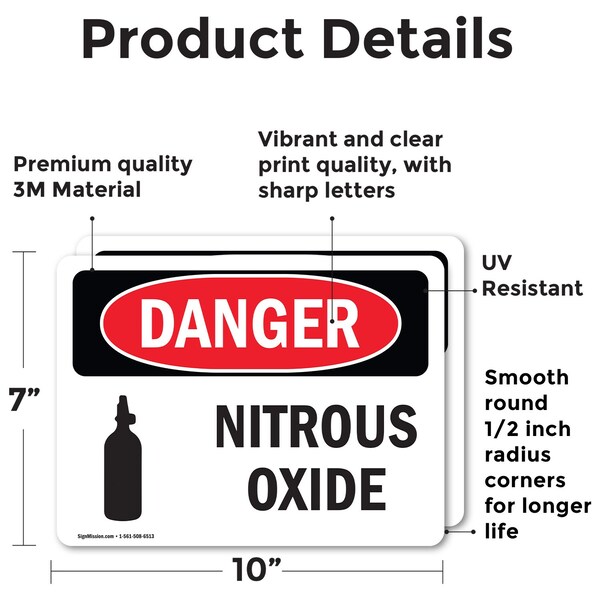 Signmission Nitrous Oxide Danger Sign, Vinyl Decal, 10in W x 7in L, 2PK - OS-2PACK-DS-D-710-L-1937