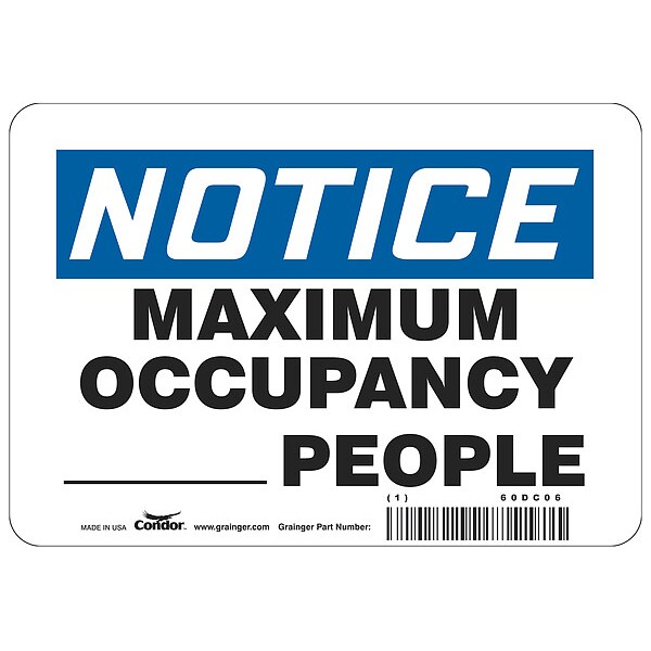 Condor Write-On Maximum Occupancy Sign, 10" W x 7" H, English, Polystyrene, White - ADN837P0710