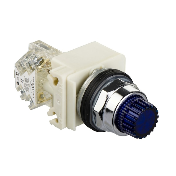 Botón pulsador iluminado de Schneider Electric, Harmony 9001K, metal, proyectante, azul, 30mm, retornable por resorte, 24-28V, 1 contacto normalmente abierto/cerrado - 9001K2L35LH13