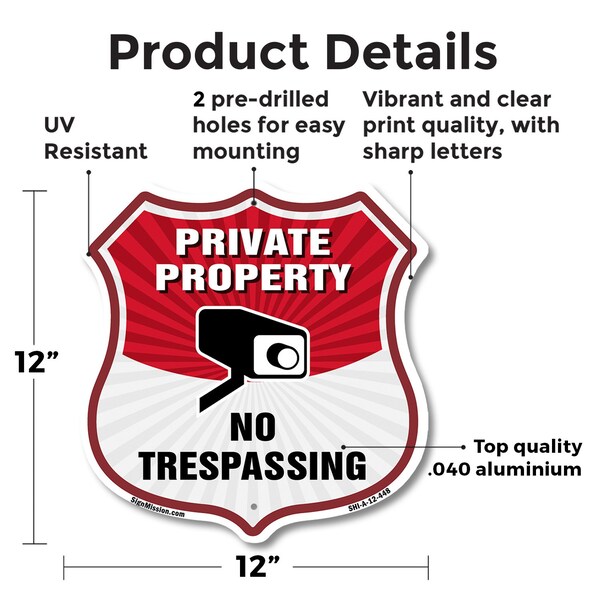 Signmission Private Property Shield Sign No Trespass, 12 Inch X 12 Inch, Aluminum Metal Sign - SHI-A-12-448