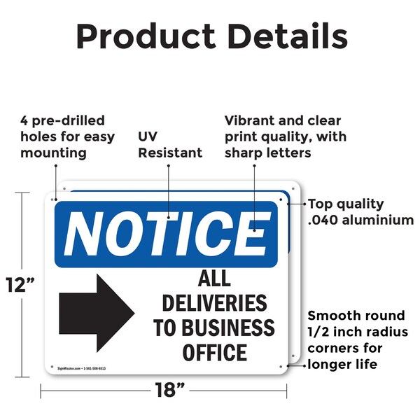 Signmission All Deliveries To Business Office, 18 in W x Rectangle, Aluminum - OS-2PACK-NS-A-1218-L-10095