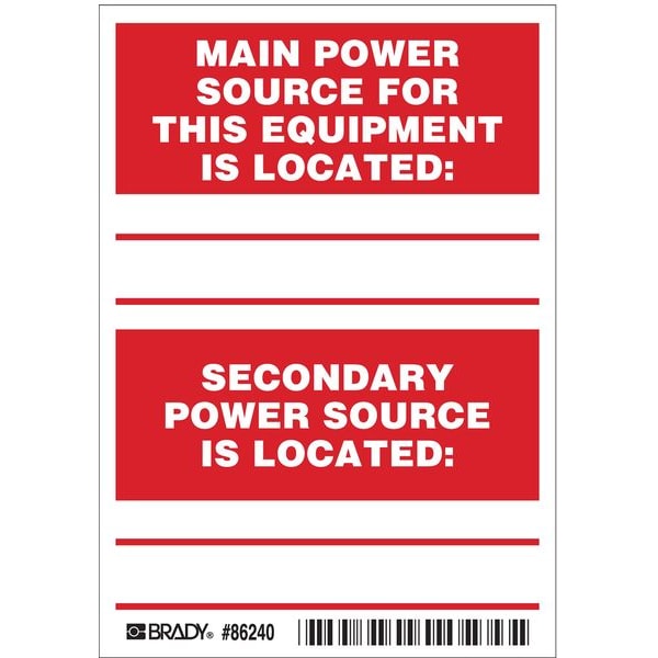 Brady Machine/Equipment Label, English, PK5, 86240 - 86240
