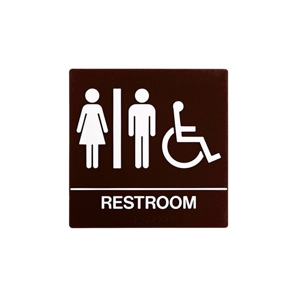 Bcf 8 x 8, Unisex Door Sign, Square Print, Picture, Text With Braille and Handicapped Symbol, Brown - SB444-BROWN