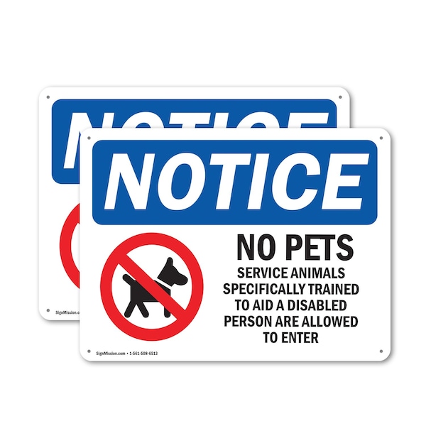 Signmission No Pets Service Animals Allowed, 14 in W x Rectangle, Plastic - OS-2PACK-NS-P-1014-L-16172