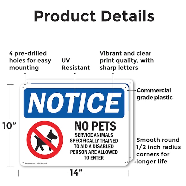 Signmission No Pets Service Animals Allowed, 14 in W x Rectangle, Plastic - OS-2PACK-NS-P-1014-L-16172