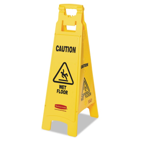 Rubbermaid Commercial Caution Wet Floor Floor Sign, 4-Sided, Plastic, 12 x 16 x 38, Yellow - FG611477YEL