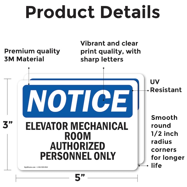Signmission Elevator Mechanical Room Authorized Personnel Only OSHA Notice Sign, Vinyl Decal, 5in x 3.5in, 2PK - OS-2PACK-NS-D-35-L-11733