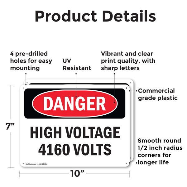 Signmission High Voltage 4160 Volts Danger Sign, Plastic, 10in W x 7in L, 2PK - OS-2PACK-DS-P-710-L-1957