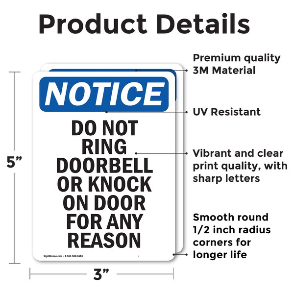 Signmission Do Not Ring Doorbell Or Knock OSHA Notice Sign, Vinyl Decal, 3.5in W x 5in L, 2PK - OS-2PACK-NS-D-35-V-11356