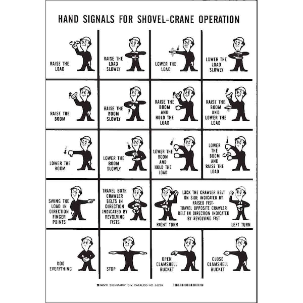 Brady No Header, Hand Signals For Shovel-Crane Operation, 7" W x 10" H, Rectangle, Plastic - 25048