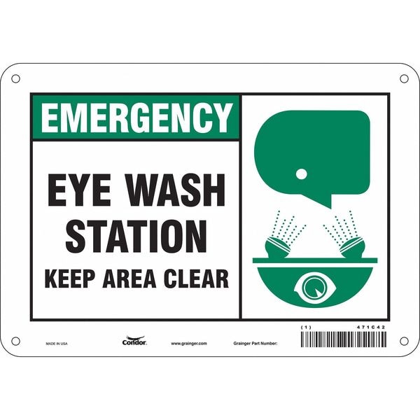 Condor Emergency, Eye Wash Station Keep Area Clear, 10 in x 7 in, Vertical Rectangle, Polyethylene, 471C42 - 471C42
