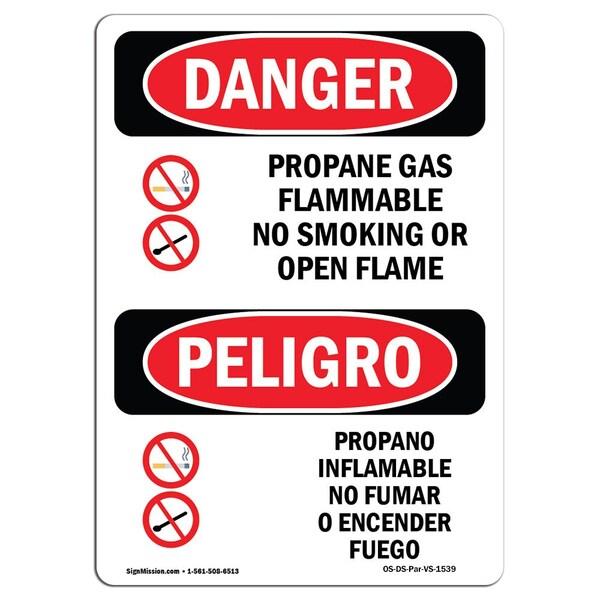 Signmission OSHA Sign, Propane Gas Flammable No Smoking, 10in X 7in Aluminum, 7" W, 10" L, Bilingual Spanish - OS-DS-A-710-VS-1539