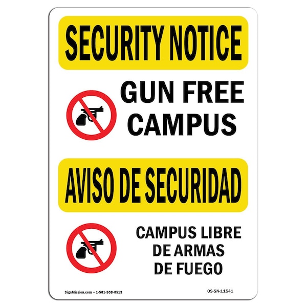 Signmission OSHA Security Sign, 18" Height, 24" Width, Rigid Plastic, Gun Free Campus Bilingual, Landscape - OS-SN-P-1824-L-11541