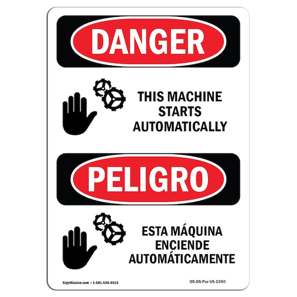 Signmission OSHA, This Machine Starts Automatically Bilingual, 5in X 3.5in, 10PK, 3.5" W, 5" H, Spanish, PK10 - OS-DS-D-35-VS-1590-10PK