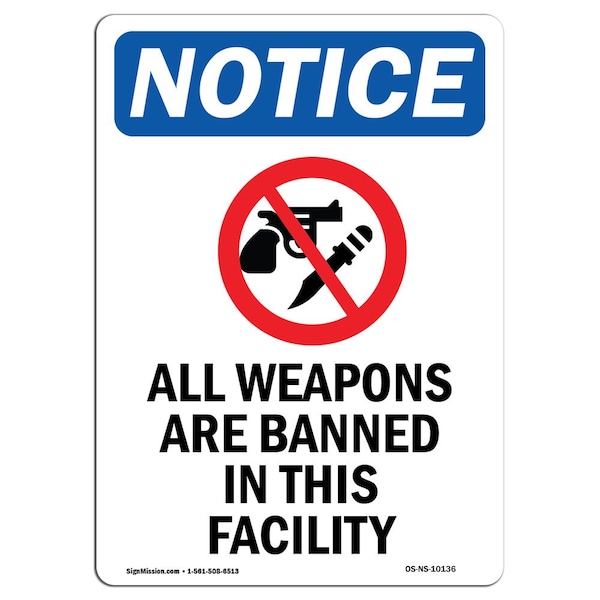 Signmission Safety Sign, OSHA Notice, 18" Height, Aluminum, All Weapons Are Banned Sign With Symbol, Portrait - OS-NS-A-1218-V-10136