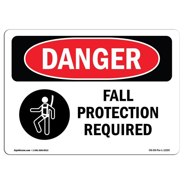 Signmission OSHA Danger Sign, Fall Protection Required, 10in X 7in Aluminum, 10" W, 7" H, Landscape - OS-DS-A-710-L-1229
