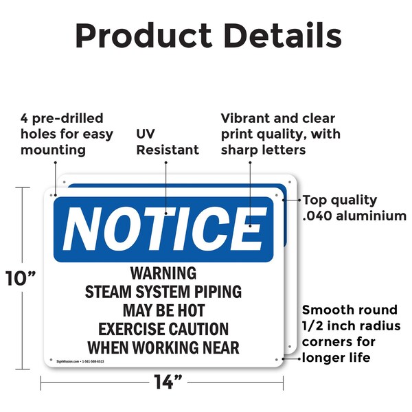Signmission Hot Surface Sign, 10 in H x 14 in W, Aluminum, Warning Steam System Piping May Be Hot Exercise - OS-2PACK-NS-A-1014-L-18920