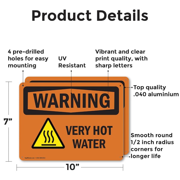Signmission Hot Surface Sign, 7 in H x 10 in W, Aluminum, Very Hot Water With Symbol - OS-2PACK-WS-A-710-L-12449