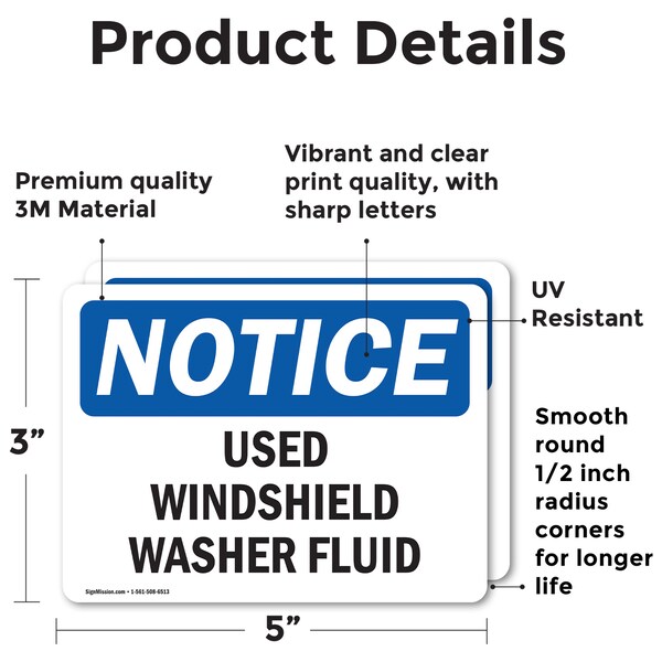 Signmission Used Windshield Washer Fluid, 5 in W x Rectangle, Vinyl Decal - OS-2PACK-NS-D-35-L-18839