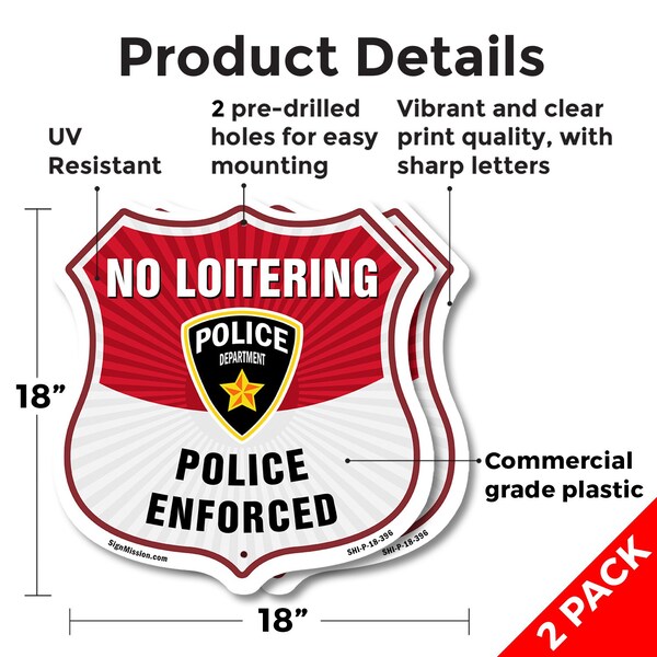 Signmission No Loitering Shield Sign Police Enforced, 18 inch X 18 inch, Plastic Sign, 2PK - SHI-P-2PACK-18-396