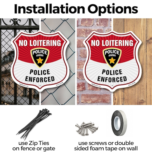 Signmission No Loitering Shield Sign Police Enforced, 18 inch X 18 inch, Plastic Sign, 2PK - SHI-P-2PACK-18-396