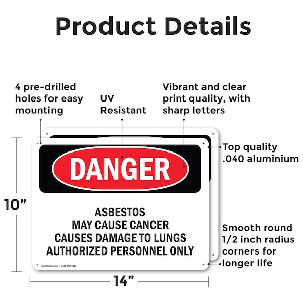 Signmission Contains Asbestos Fibers Danger Sign, Aluminum, 14in W x 10in L, 2PK - OS-2PACK-DS-A-1014-L-2050