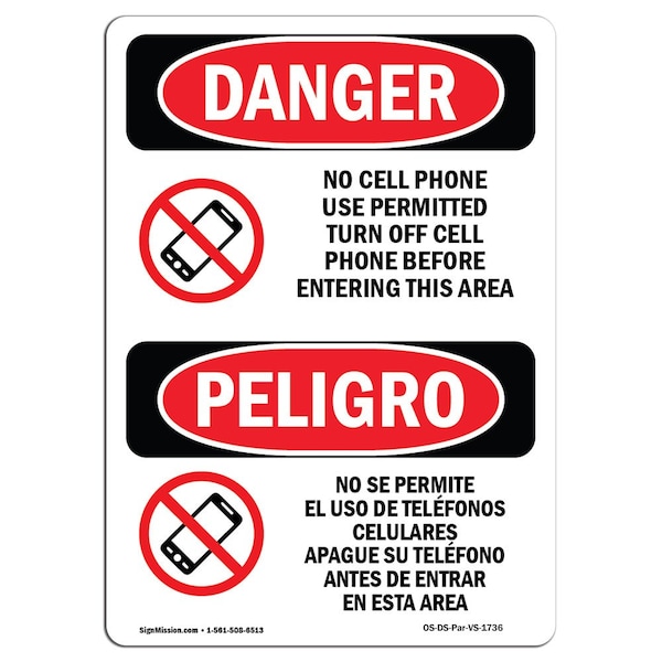 Signmission Safety Sign, OSHA Danger, 14" Height, No Cell Phone Use In Area Bilingual Spanish - OS-DS-D-1014-VS-1736