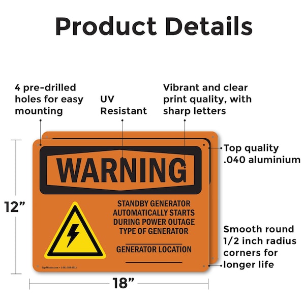 Signmission Standby Generator Automatically With Symbol, 18 in W x Rectangle, Aluminum - OS-2PACK-WS-A-1218-L-12408