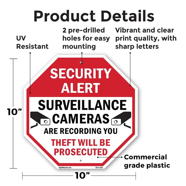 Signmission Security Alert Surveillance Cameras, 10 Inch X 10 Inch, Plastic Sign - OC-P-10-328