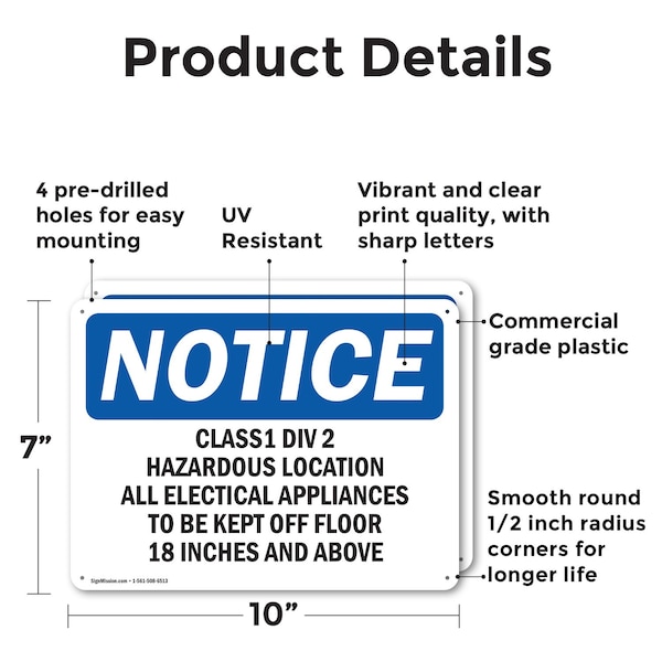 Signmission Class 1 Div 2 Hazardous Location All Electrical OSHA Notice Sign, Plastic, 10in W x 7in L, 2PK - OS-2PACK-NS-P-710-L-10598
