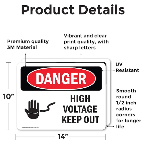 Signmission High Voltage Keep Out Danger Sign, Vinyl Decal, 14in W x 10in L, 2PK - OS-2PACK-DS-D-1014-L-1345