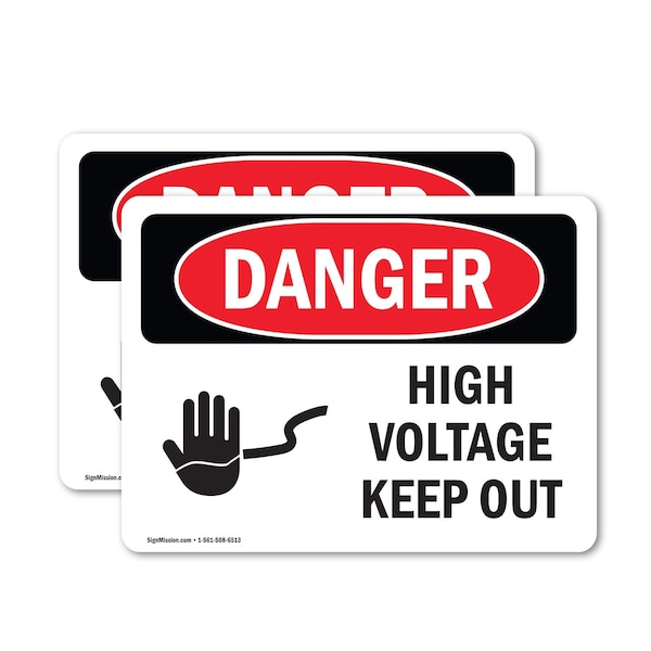 Signmission High Voltage Keep Out Danger Sign, Vinyl Decal, 14in W x 10in L, 2PK - OS-2PACK-DS-D-1014-L-1345