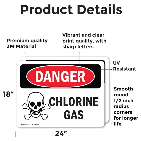 Signmission Chlorine Gas Danger Sign, Vinyl Decal, 24in W x 18in L, 2PK - OS-2PACK-DS-D-1824-L-2000