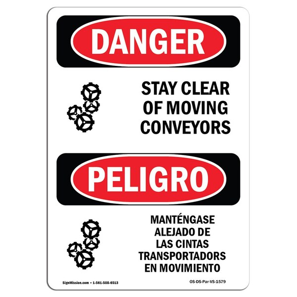 Signmission OSHA Sign, Stay Clear Of Moving Conveyors Bilingual, 7in X 5in Decal, 5" W, 7" H, Spanish - OS-DS-D-57-VS-1579