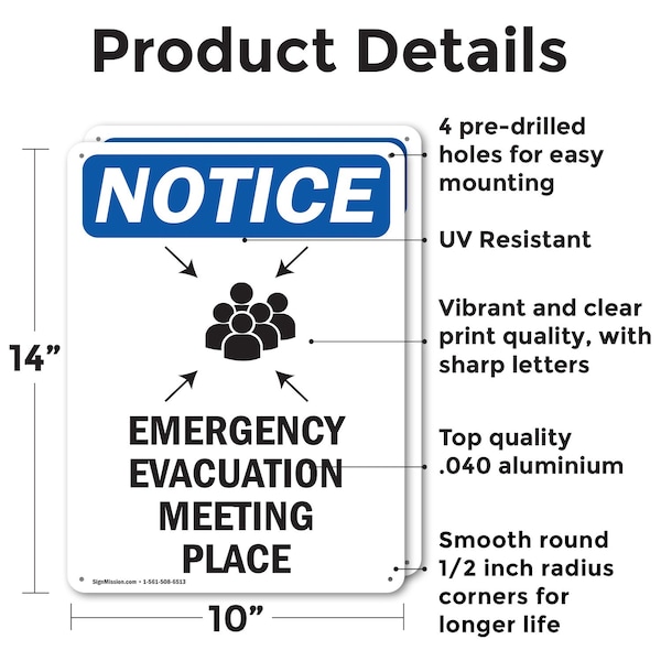 Signmission Emergency Evacuation, 10 in W x Rectangle, Aluminum - OS-2PACK-NS-A-1014-V-11797