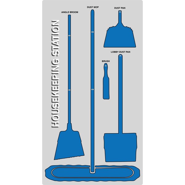 5S Supplies 5S Housekeeping Shadow Board Broom Station Version 4 - Gray Board / Blue Shadows  With Broom - HSB-V4-GRAY/BLUE-KIT