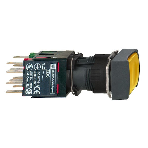 Botón pulsador iluminado completo, Harmony XB6, cuadrado amarillo, pulsador empotrado Ø 16 con retorno por resorte 1NA+1NC 12...24 V - XB6CW5B5B
