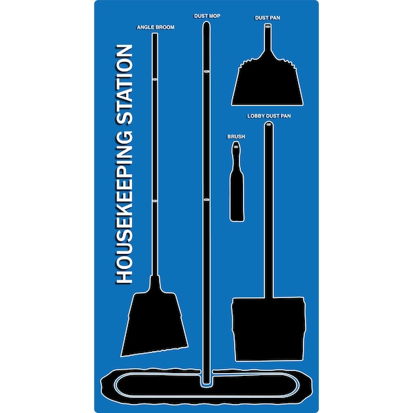 5S Supplies 5S Housekeeping Shadow Board Broom Station Version 4 - Blue Board / Black Shadows  With Broom - HSB-V4-BLUE-KIT