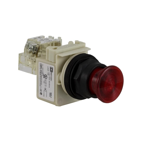 Botón pulsador iluminado, Harmony 9001SK, plástico, hongo de 35mm, rojo, 30mm, retorno por resorte, 110-120V, 1 C/O - 9001SK2L1R20H13