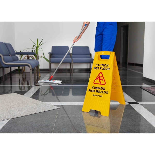 Alpine Industries 24 in. Yellow Multi-Lingual Caution Wet Floor Sign, 10PK - ALP499-10PK