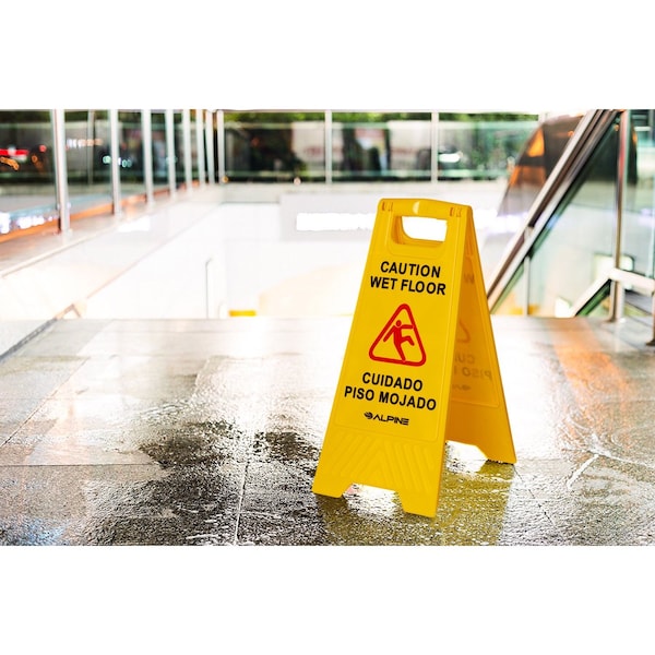 Alpine Industries 24 in. Yellow Multi-Lingual Caution Wet Floor Sign, 10PK - ALP499-10PK