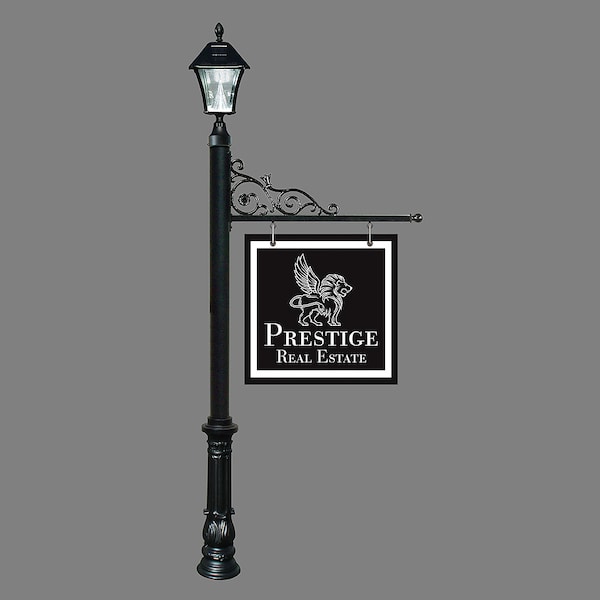 Qualarc Sign System w/Bayview Solar Lamp & Ornate Base, Black color - REPST-700-BL-SL