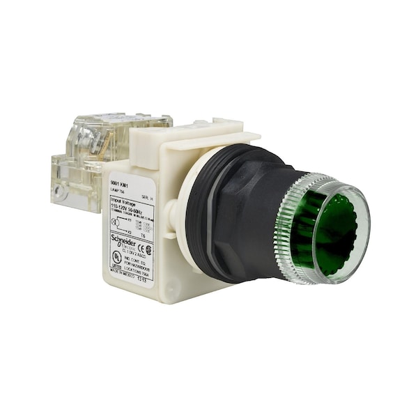 Botón de pulsación iluminado Square D, Harmony 9001SK, de plástico, con proyección, verde, de 30mm, con retorno por resorte, LED verde, 120V, 1 NA - 9001SK2L38LGGH5