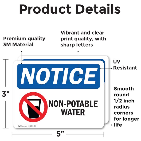 Signmission Non-Potable Water Sign With Symbol, 5 in W x Rectangle, Vinyl Decal - OS-2PACK-NS-D-35-L-15102