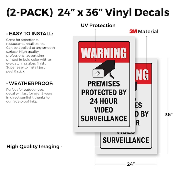 Signmission Video Surveillance, Vinyl Decals Only 24 Inch x 36 Inch, Vinyl Decal, 2PK - DSB-2436-2PACK-VIDEO SURVEILLANCE
