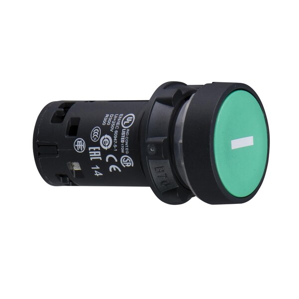 Botón pulsador monolítico de Schneider Electric, Harmony XB7, de plástico, color verde, 22mm, retorno por resorte, marcado I, 1NO - XB7NA3131.